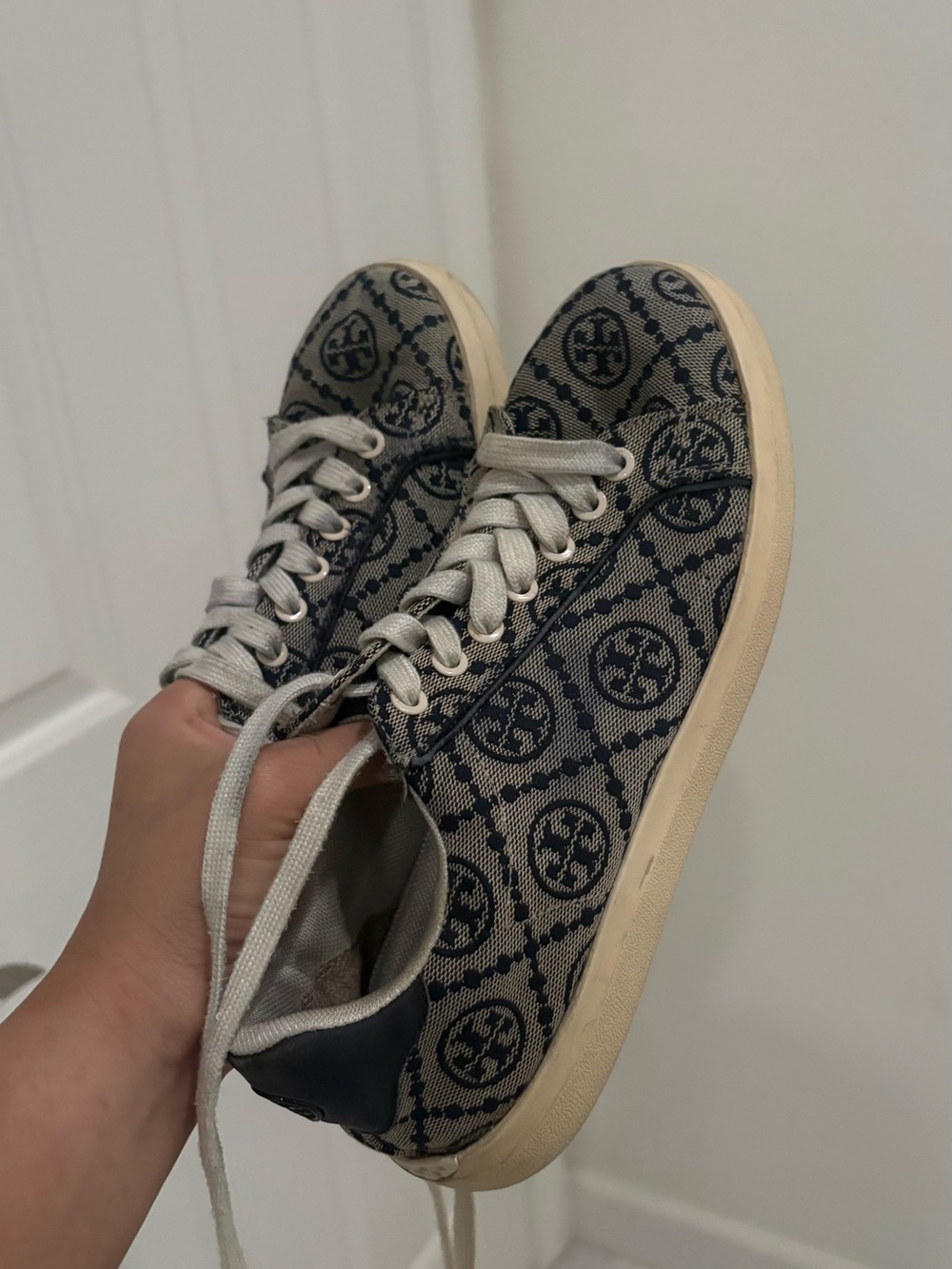 Tory Burch Navy and Cream Monogram Canvas Sneakers